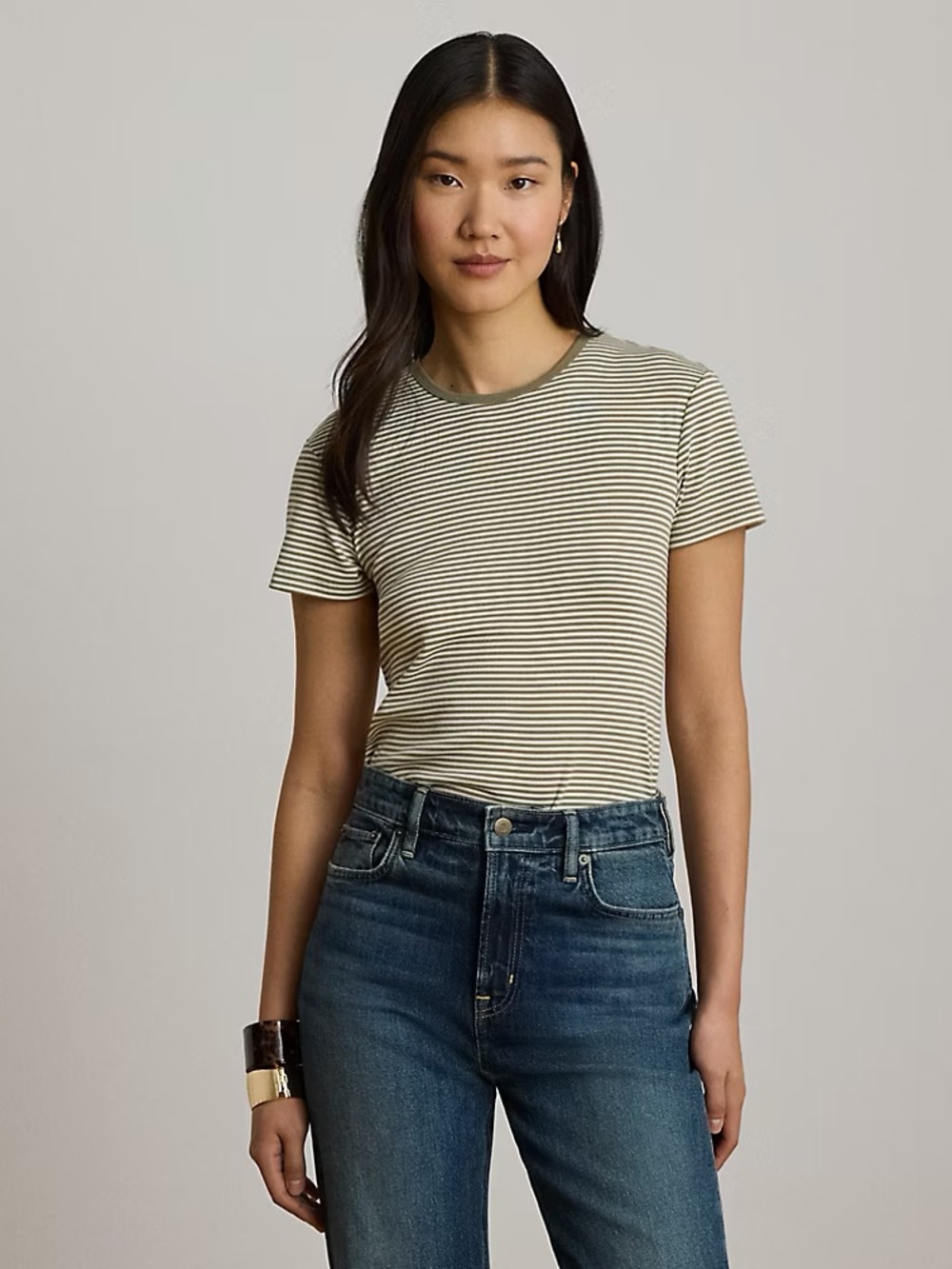 Lauren Ralph Lauren Olive and White Striped Crewneck Tee